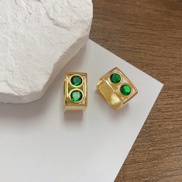 Bold Emerald Double Stone Gold Huggie Hoop Earrings