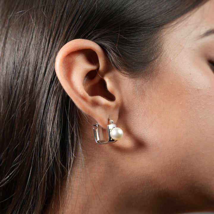 Modern Pearl Drop Square Hoop Earrings