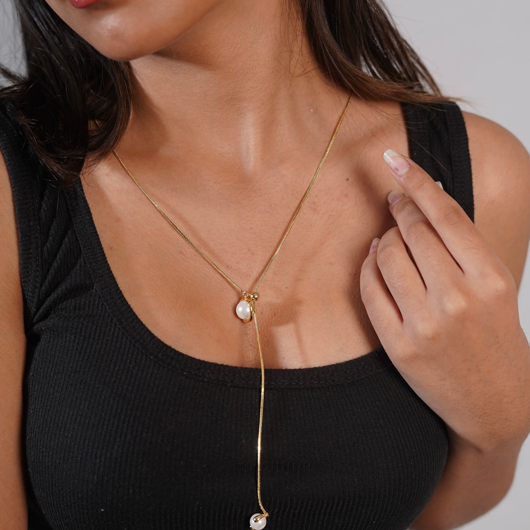 Elegant Pearl Drop Lariat Necklace – Adjustable Snake Chain (Gold & Silver)