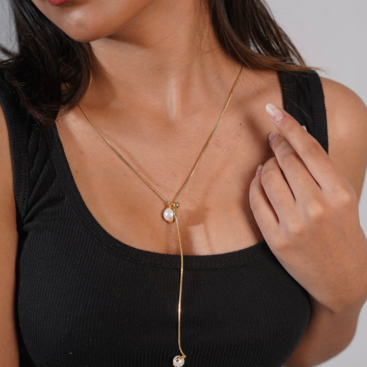 Elegant Pearl Drop Lariat Necklace – Adjustable Snake Chain (Gold & Silver)
