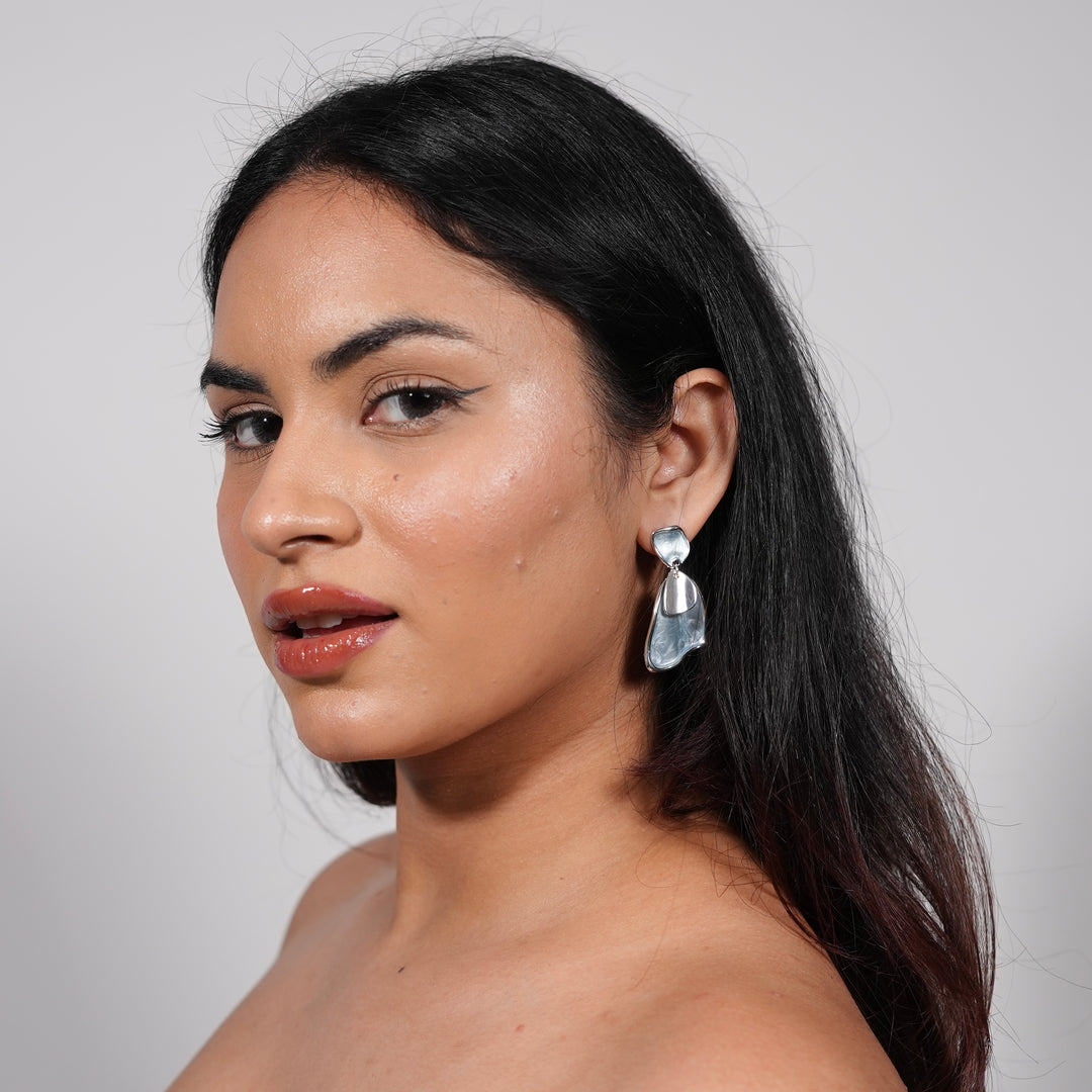 Sculpted Abstract Drop Earrings – Silver Fluid Form Statement Studs