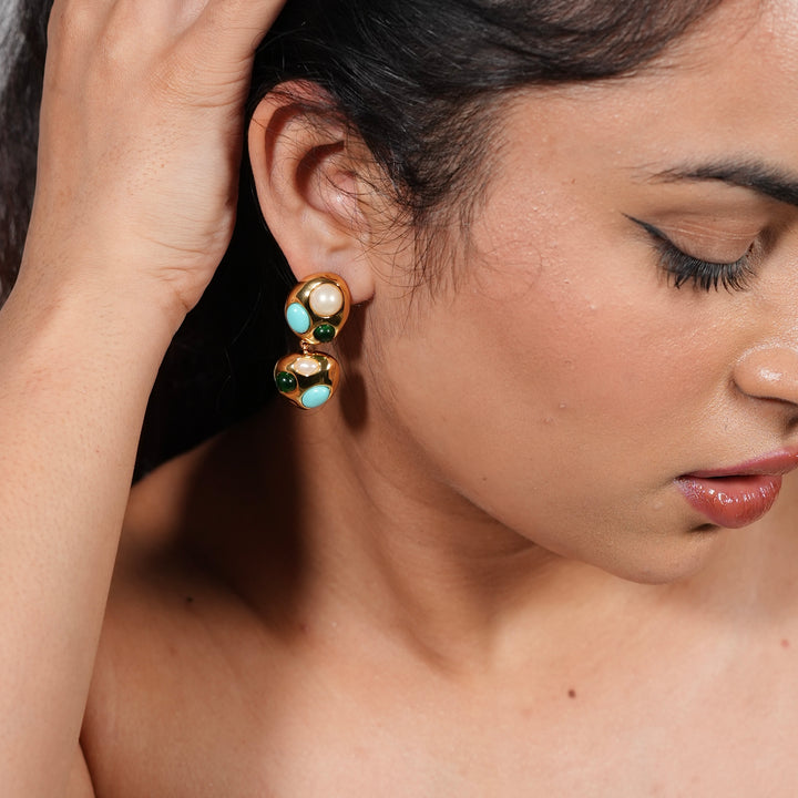 Vintage Mosaic Dual-Drop Earrings – Gold, Pearl & Turquoise Accents