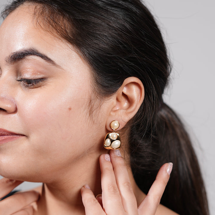 Molten Pearl Art Earrings – Sculpted Gold Drop Studs
