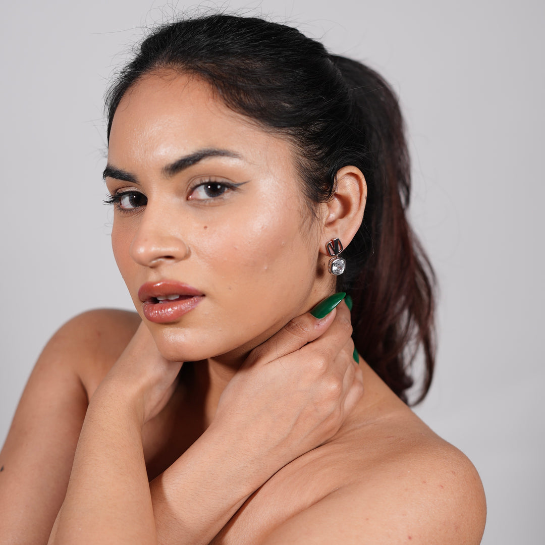 Geometric Drop Crystal Earrings – Gold & Silver Cushion-Cut Statement Studs