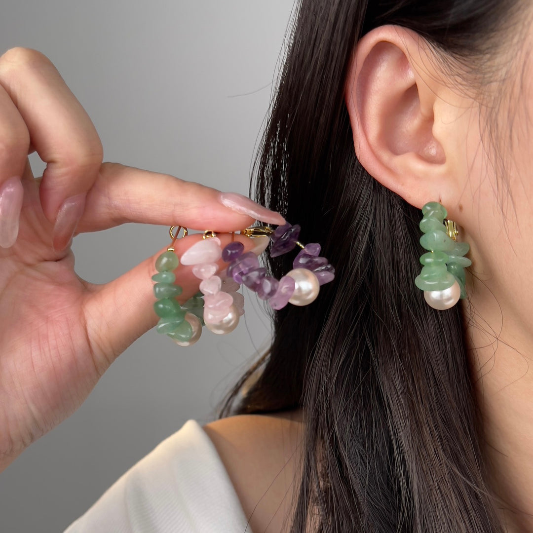 Gemstone Hoop Pearl Earrings – Amethyst, Rose Quartz & Aventurine