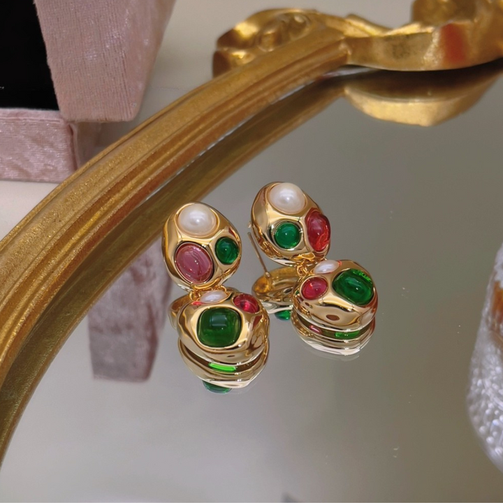 Vintage Jewel Drop Earrings – Colorful Cabochons on Gold