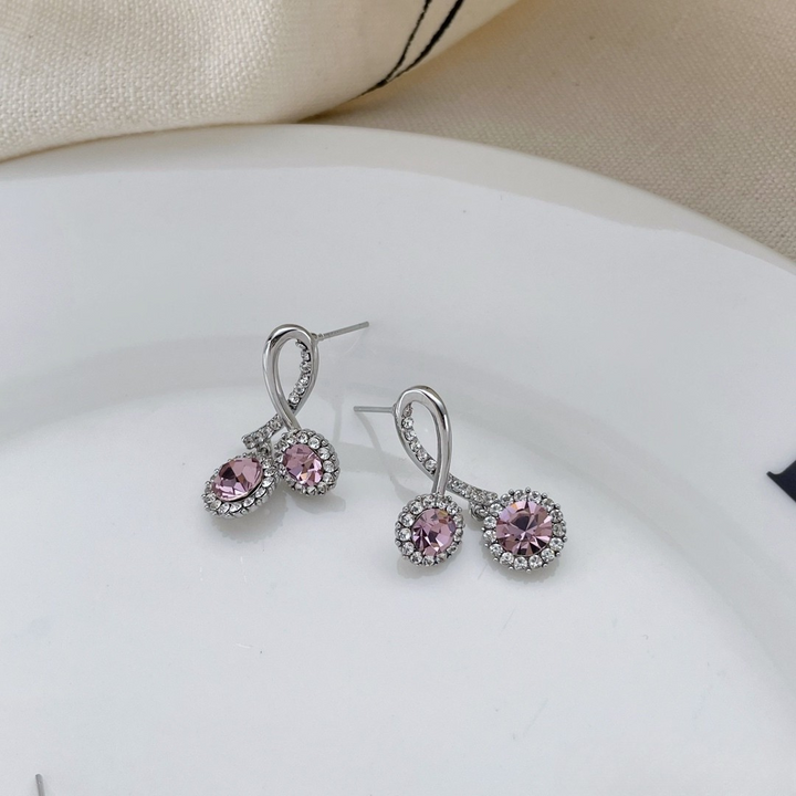 Pink Crystal Drop Earrings – Silver Loop Halo Studs