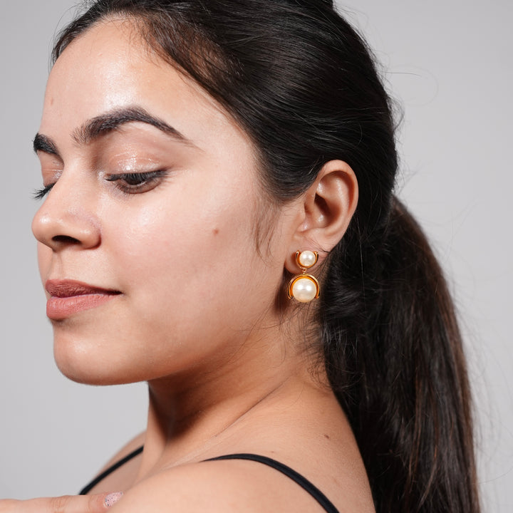 Double Pearl Drop Earrings – Gold Minimal Frame Studs