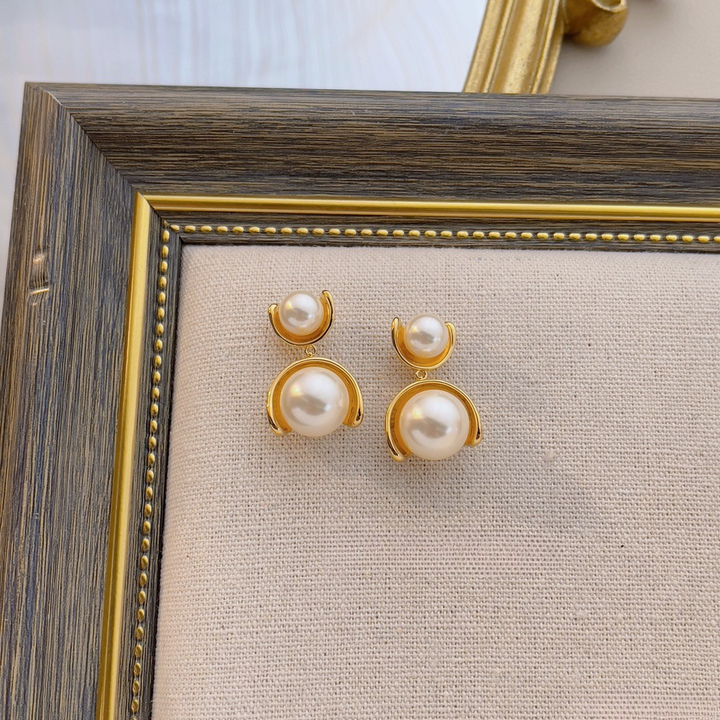 Double Pearl Drop Earrings – Gold Minimal Frame Studs