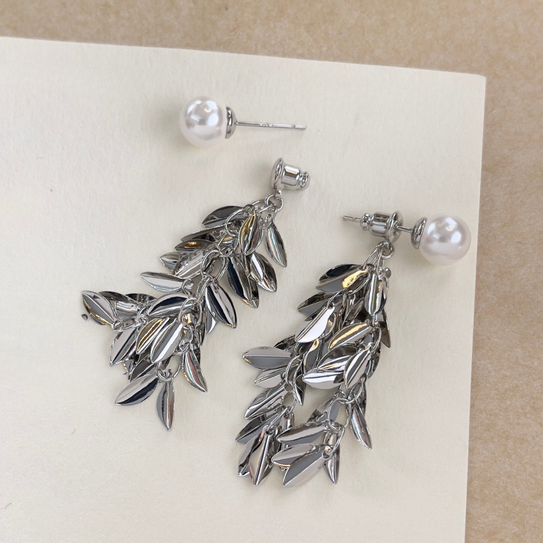 Pearl Leaf Cascade Earrings – Silver Drop Dangles