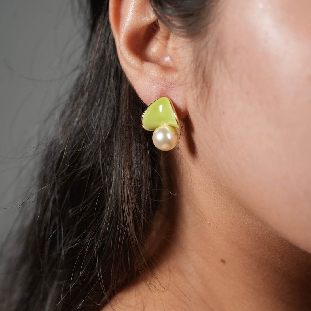 Enamel Fan & Pearl Drop Earrings – Mint & Lime Statement Studs