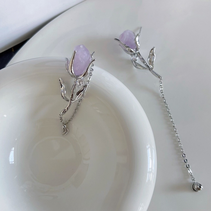 Amethyst Rose Drop Earrings – Silver Floral Asymmetrical Studs
