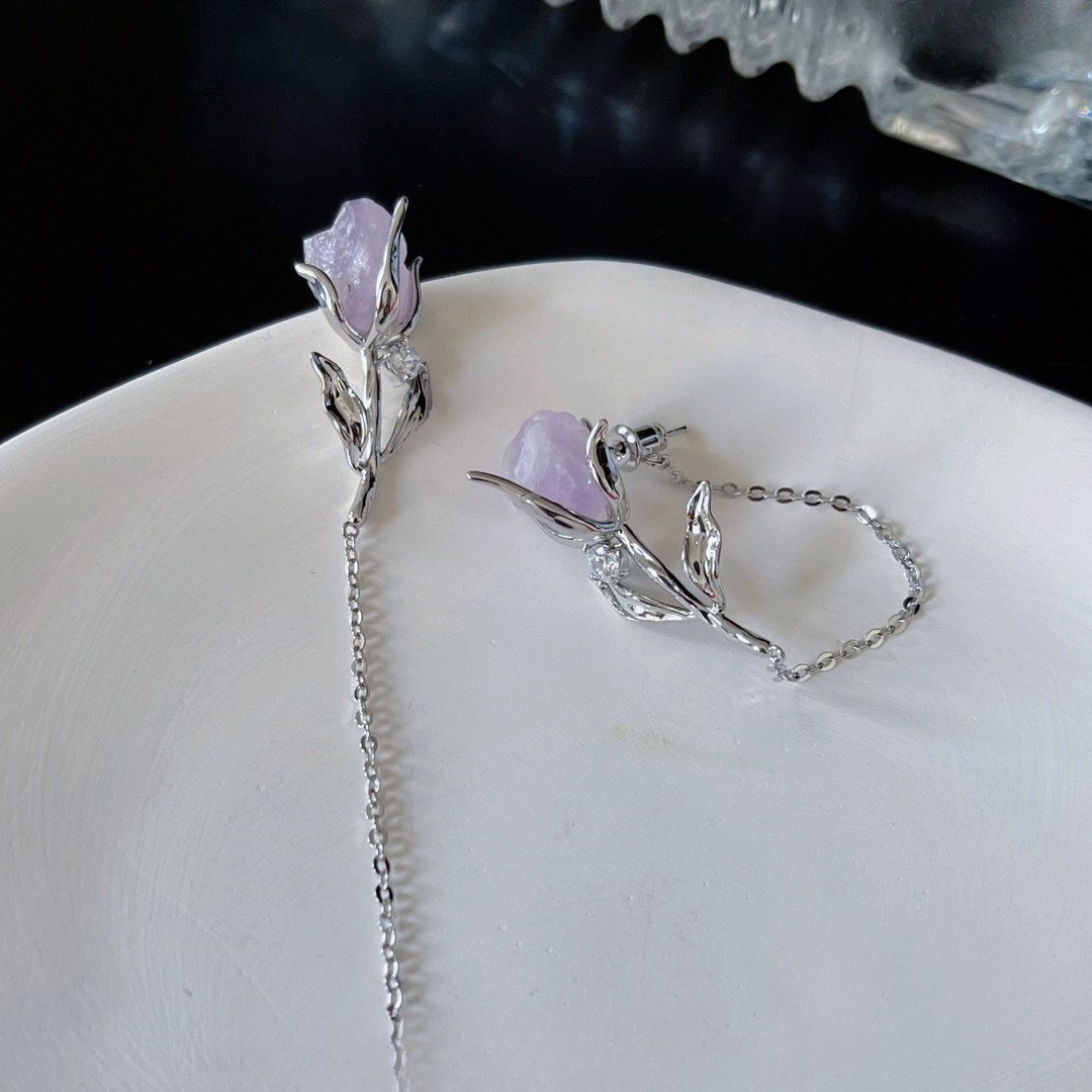 Amethyst Rose Drop Earrings – Silver Floral Asymmetrical Studs