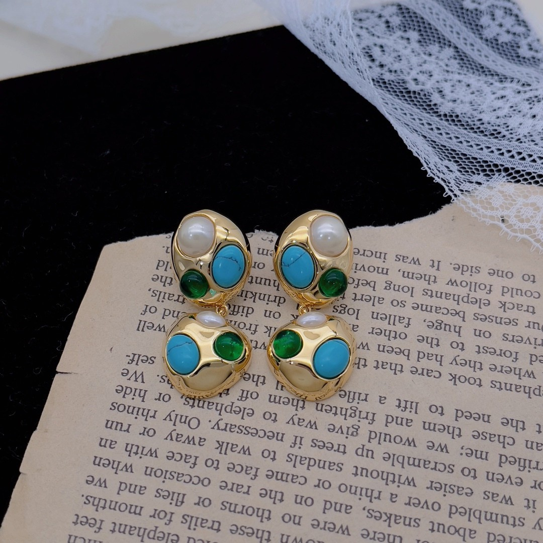 Vintage Mosaic Dual-Drop Earrings – Gold, Pearl & Turquoise Accents