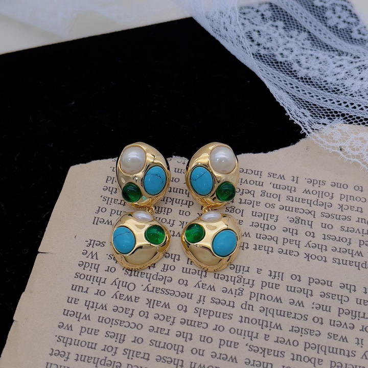 Vintage Mosaic Dual-Drop Earrings – Gold, Pearl & Turquoise Accents