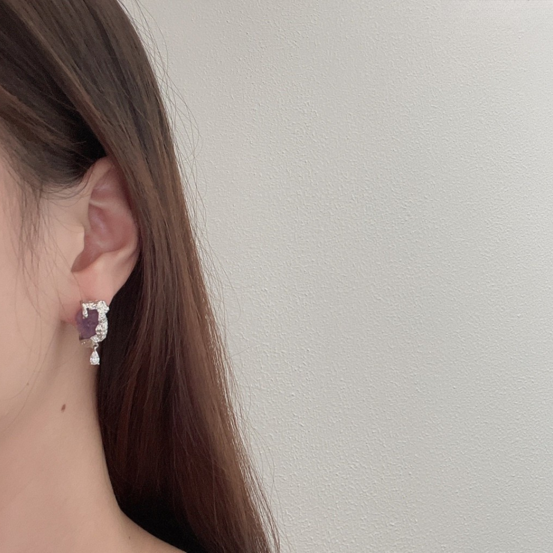 Raw Crystal Drop Earrings – Silver with Lavender Stone & Teardrop Accent