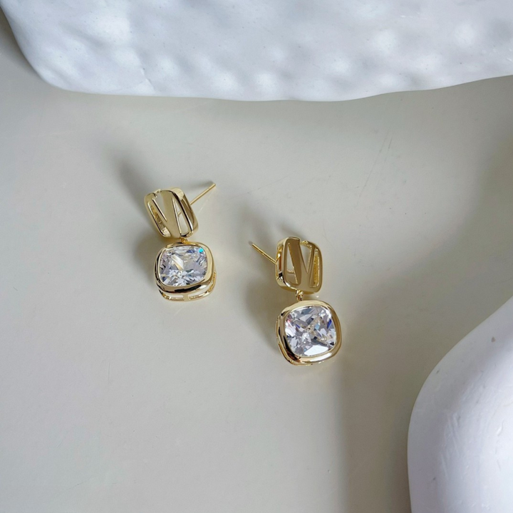 Geometric Drop Crystal Earrings – Gold & Silver Cushion-Cut Statement Studs