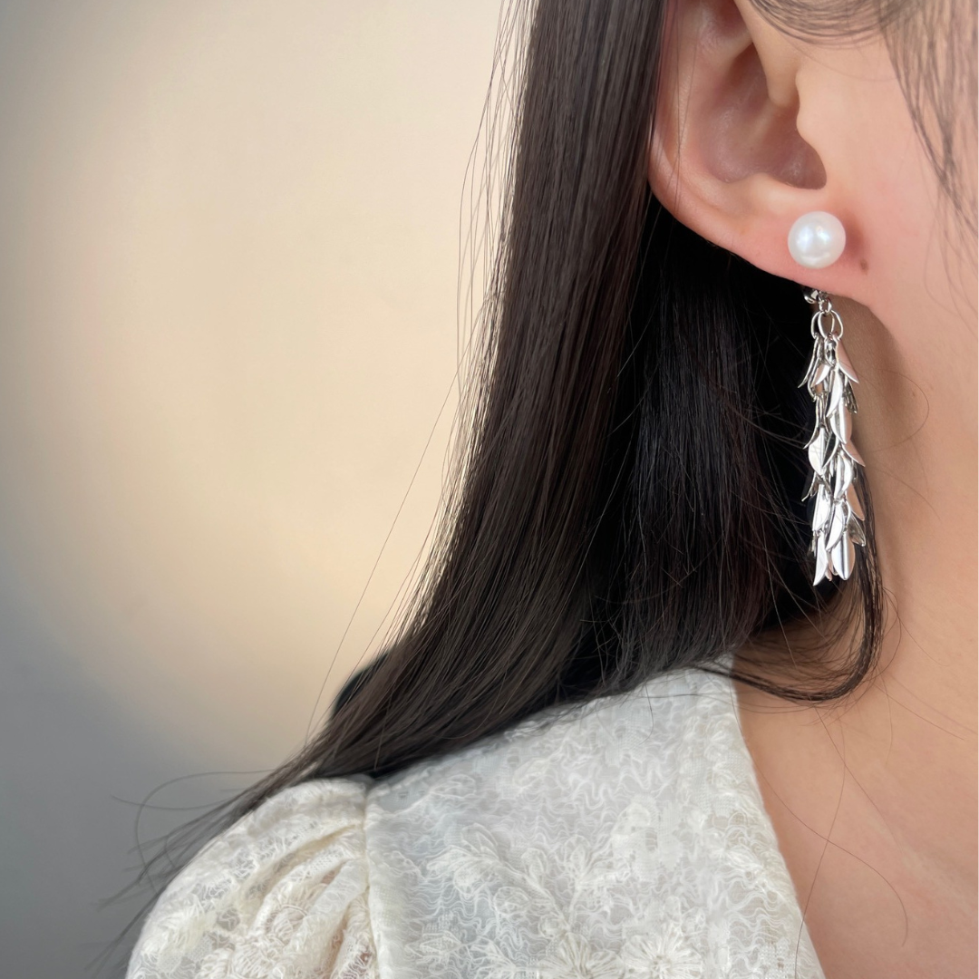 Pearl Leaf Cascade Earrings – Silver Drop Dangles