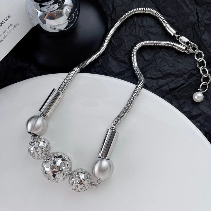 Statement Sculptural Silver-Tone Bead Choker Necklace