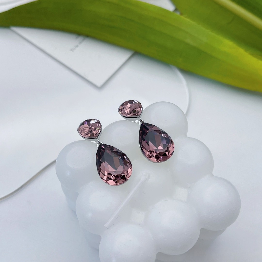 Double Teardrop Crystal Earrings – Elegant Drop Studs in Blue, Pink & Clear