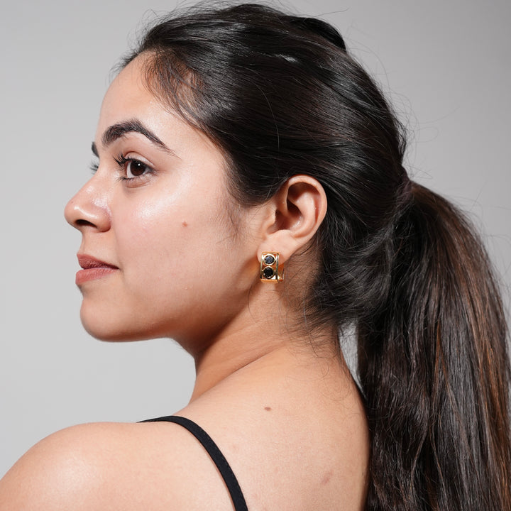 Bold Emerald Double Stone Gold Huggie Hoop Earrings