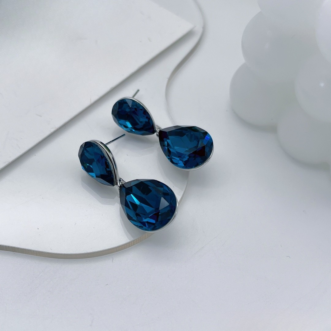 Double Teardrop Crystal Earrings – Elegant Drop Studs in Blue, Pink & Clear