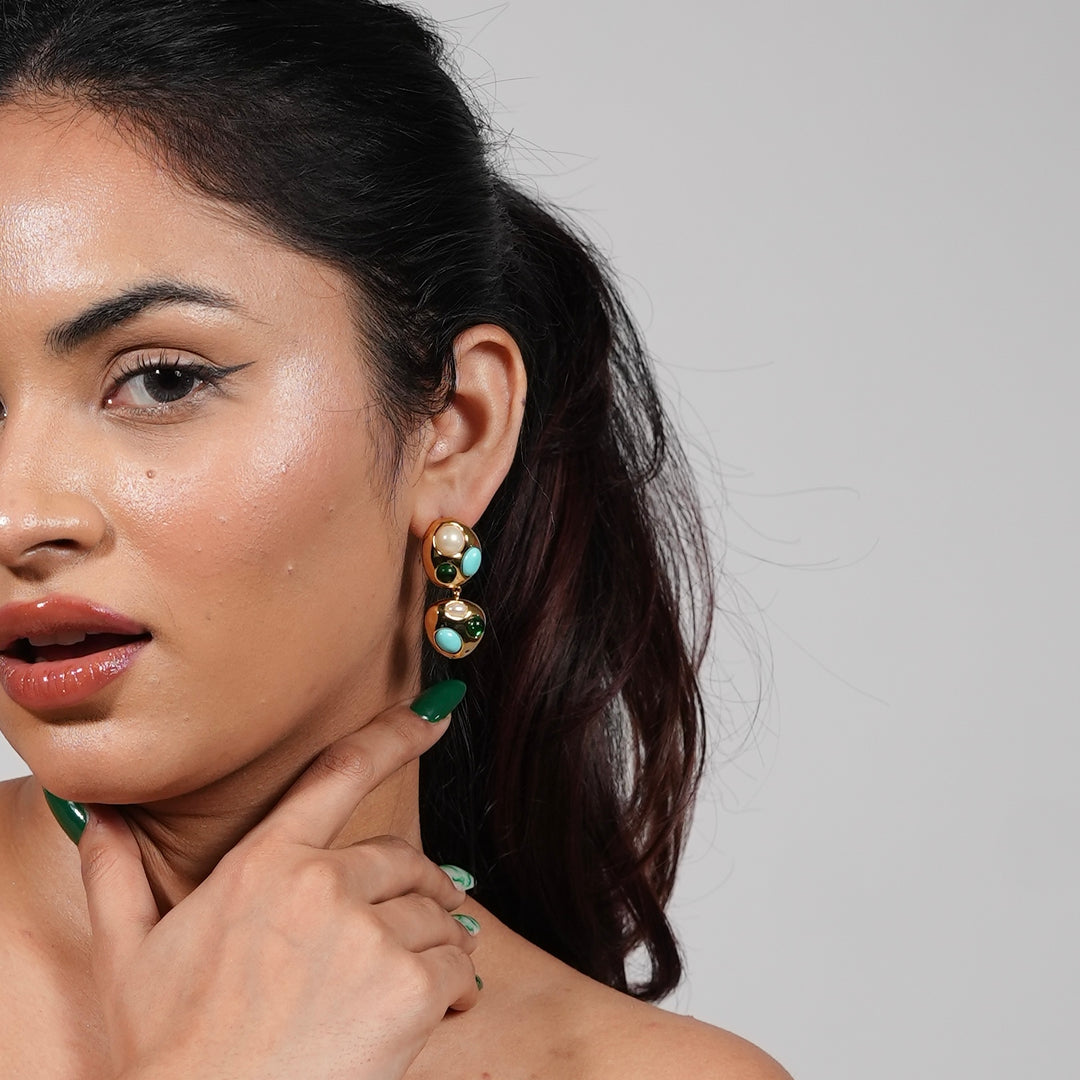 Vintage Mosaic Dual-Drop Earrings – Gold, Pearl & Turquoise Accents