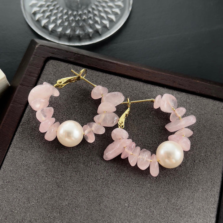 Gemstone Hoop Pearl Earrings – Amethyst, Rose Quartz & Aventurine