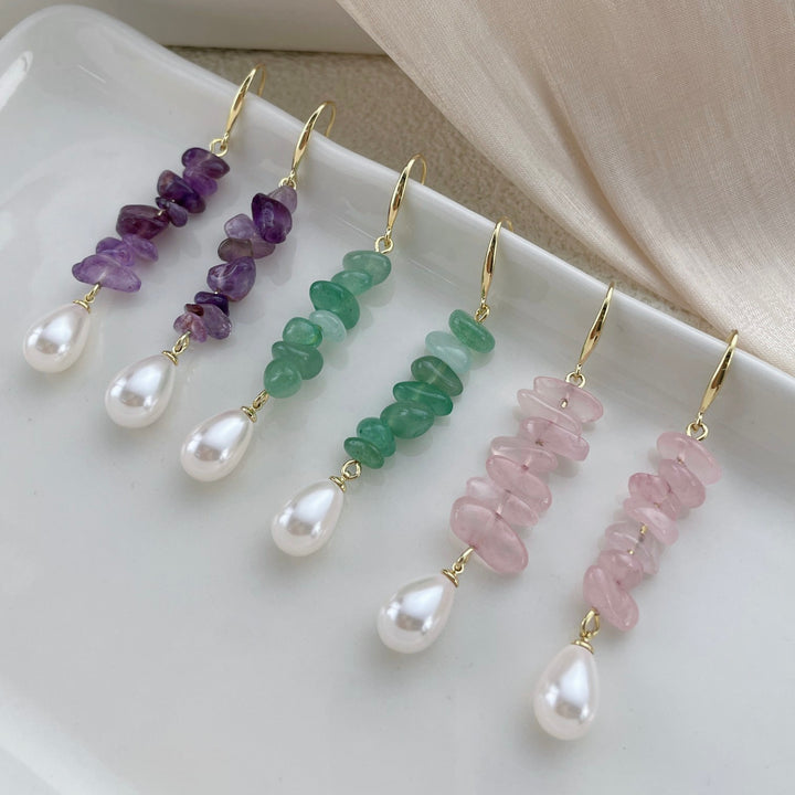 Gemstone & Pearl Drop Earrings – Gold Hook in Amethyst, Green Aventurine & Rose Quartz