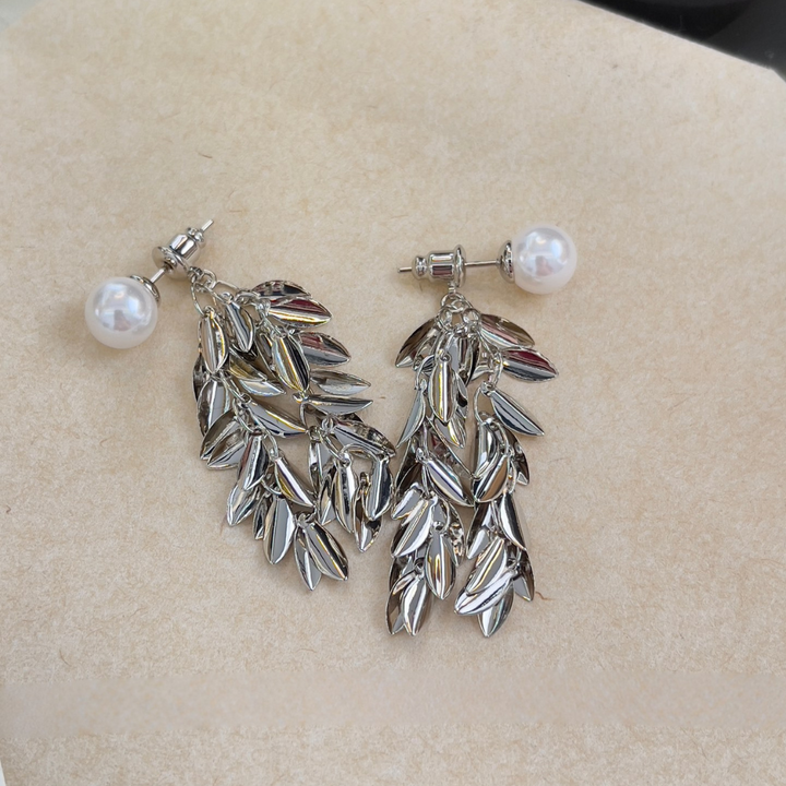 Pearl Leaf Cascade Earrings – Silver Drop Dangles