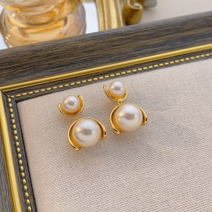 Double Pearl Drop Earrings – Gold Minimal Frame Studs