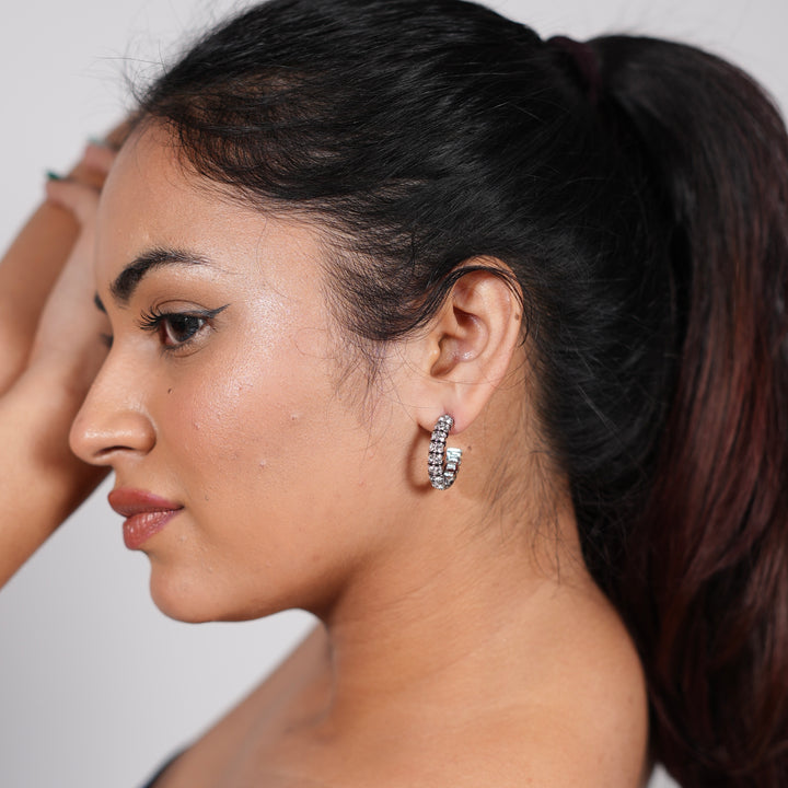Silver Segment Hoop Earrings with Crystal Accents – Elegant Daily Wear