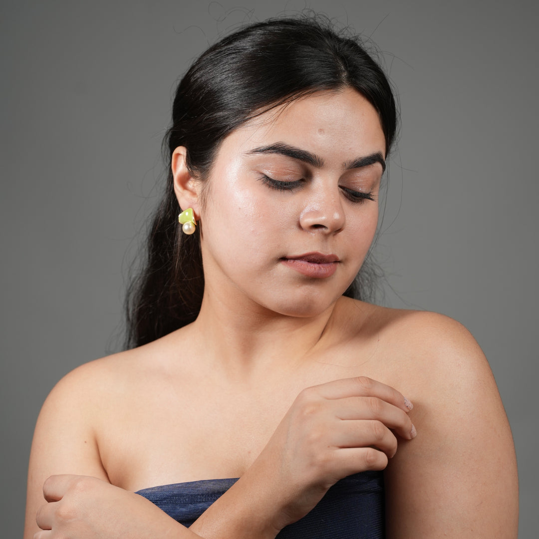 Enamel Fan & Pearl Drop Earrings – Mint & Lime Statement Studs