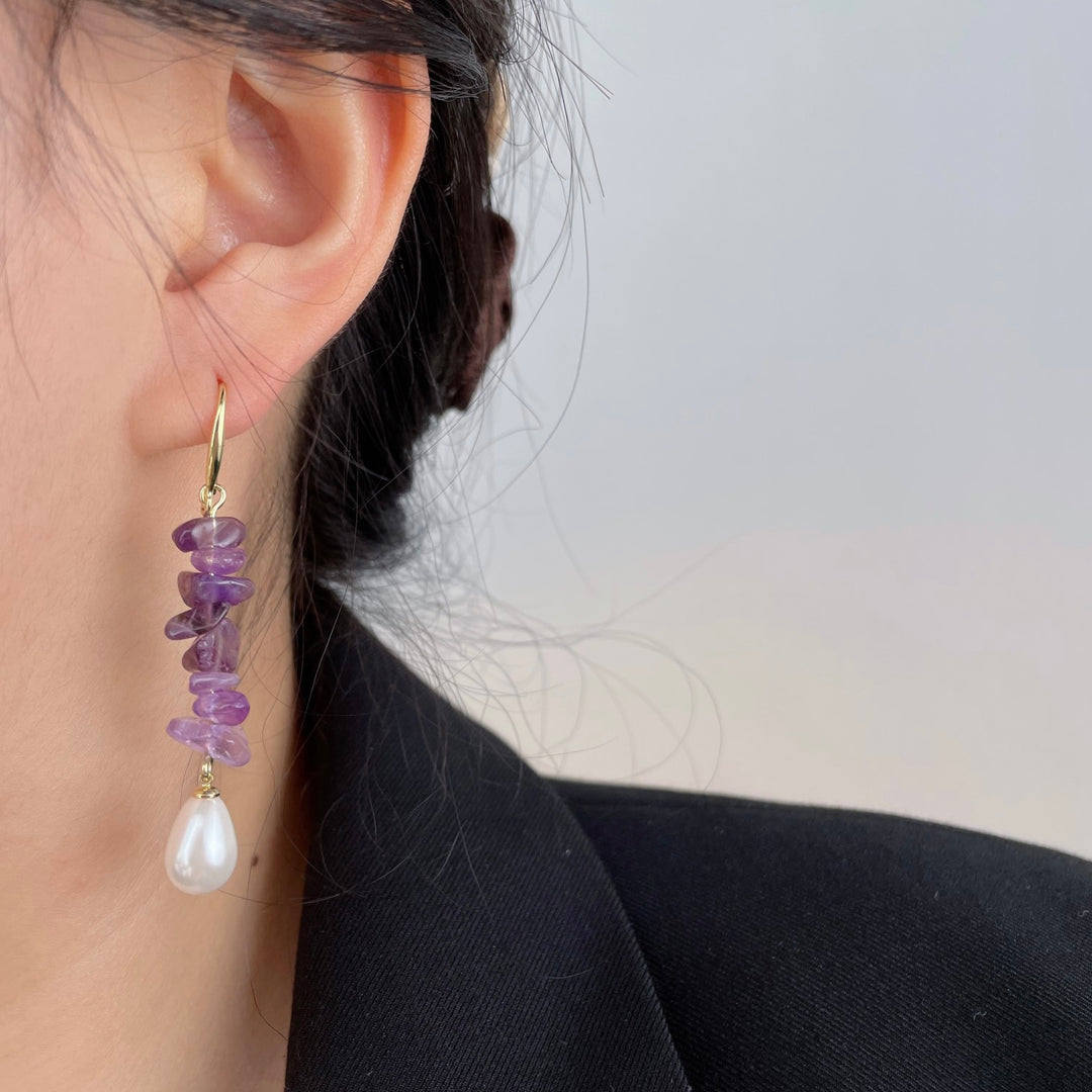Gemstone & Pearl Drop Earrings – Gold Hook in Amethyst, Green Aventurine & Rose Quartz