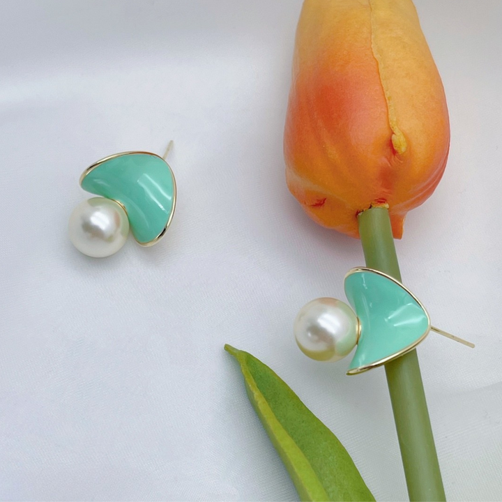 Enamel Fan & Pearl Drop Earrings – Mint & Lime Statement Studs