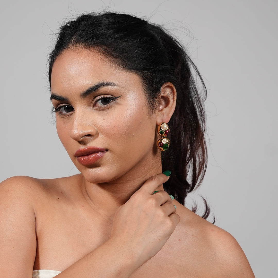 Vintage Jewel Drop Earrings – Colorful Cabochons on Gold