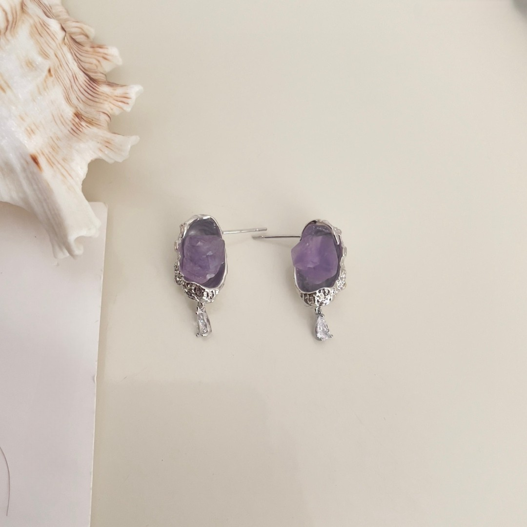 Raw Crystal Drop Earrings – Silver with Lavender Stone & Teardrop Accent