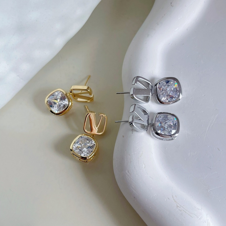 Geometric Drop Crystal Earrings – Gold & Silver Cushion-Cut Statement Studs