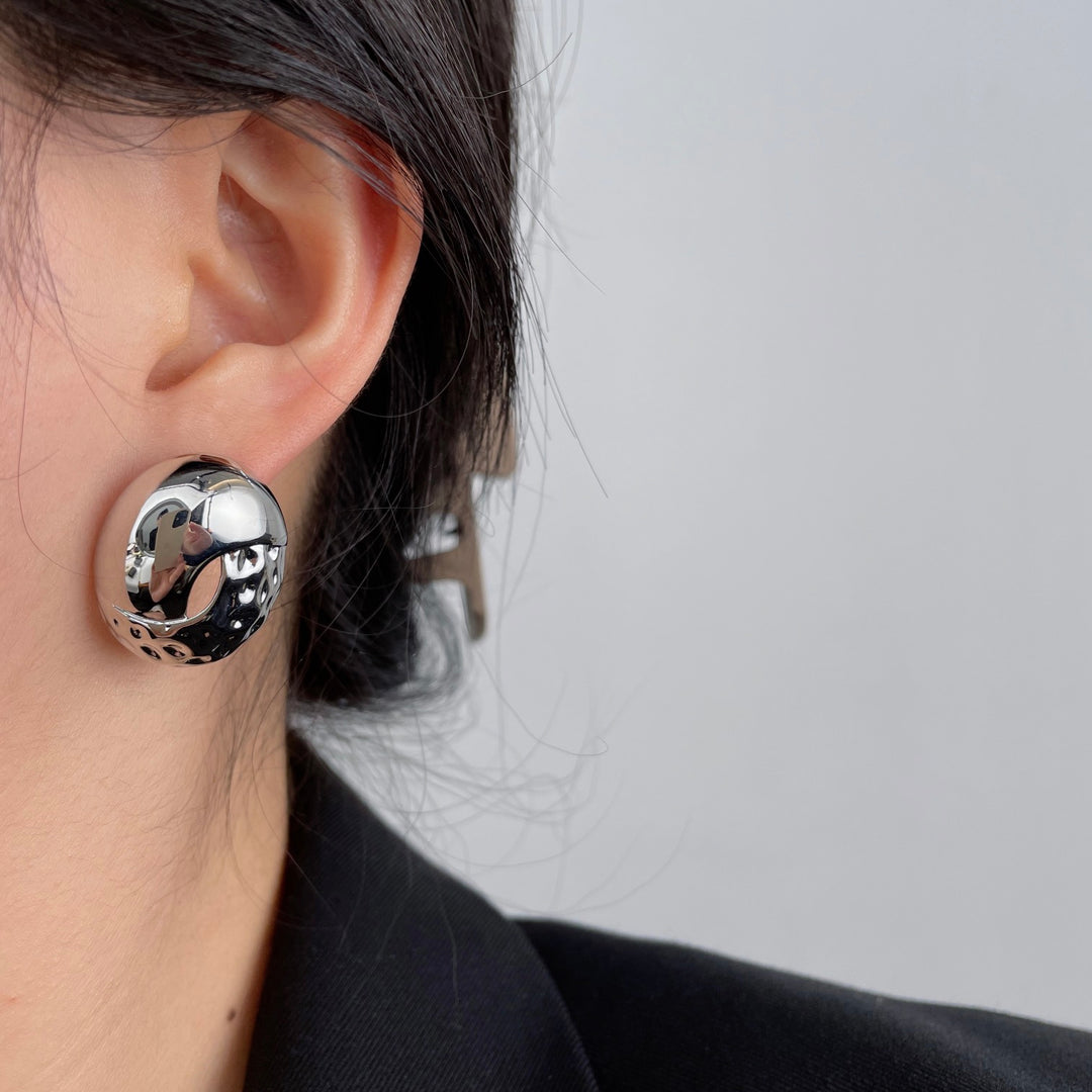 Crater Dome Metal Stud Earrings – Chunky Silver & Gold Statement Hoops