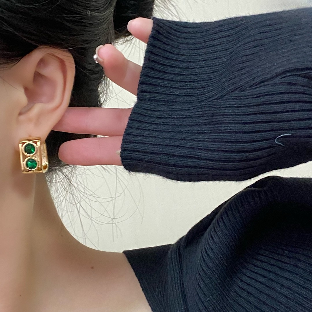 Bold Emerald Double Stone Gold Huggie Hoop Earrings