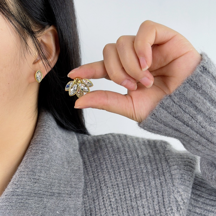 Crystal Leaf Cluster Stud Earrings – Gold Bloom Design in Blue & Silver