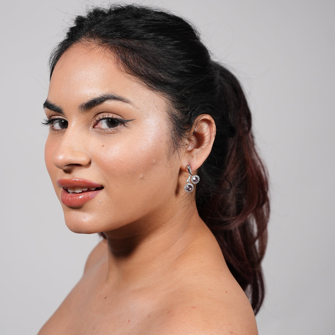 Pink Crystal Drop Earrings – Silver Loop Halo Studs