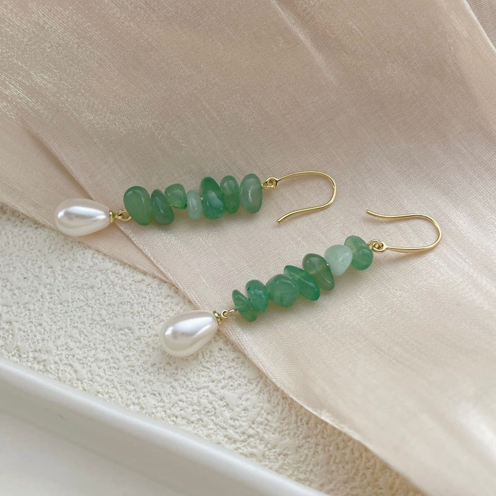 Gemstone & Pearl Drop Earrings – Gold Hook in Amethyst, Green Aventurine & Rose Quartz