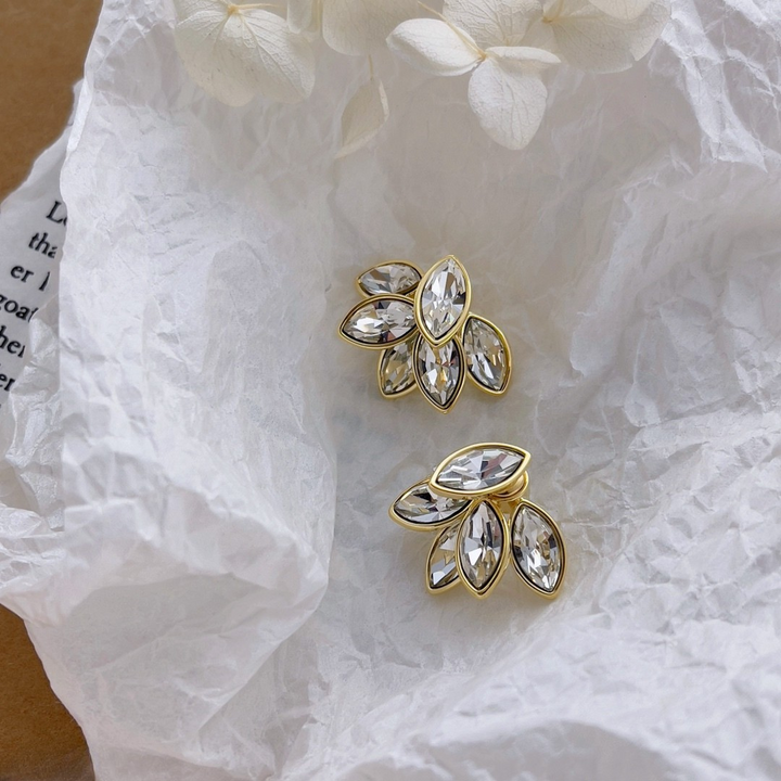 Crystal Leaf Cluster Stud Earrings – Gold Bloom Design in Blue & Silver