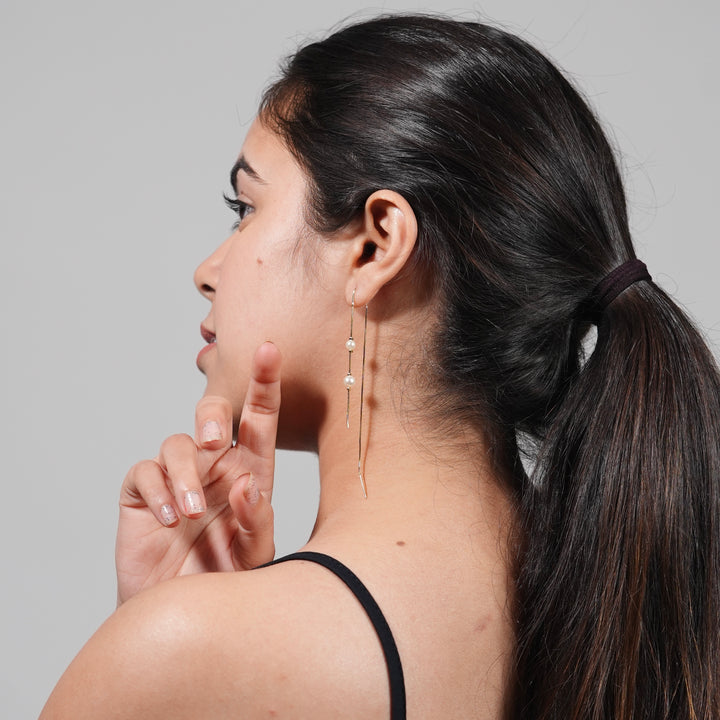 Linear Pearl Threader Earrings – Gold & Silver Drape Chain Design