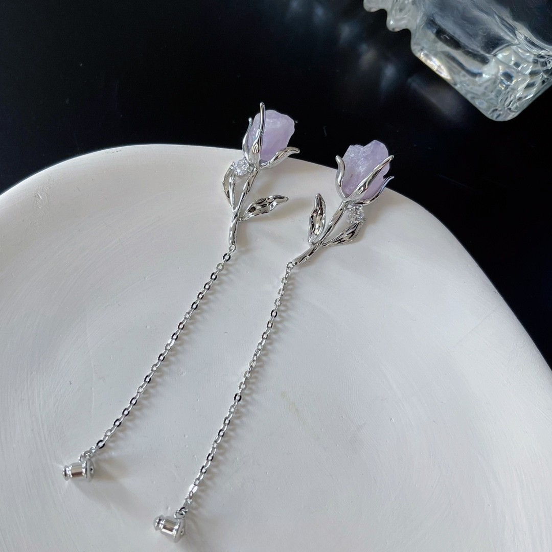 Amethyst Rose Drop Earrings – Silver Floral Asymmetrical Studs