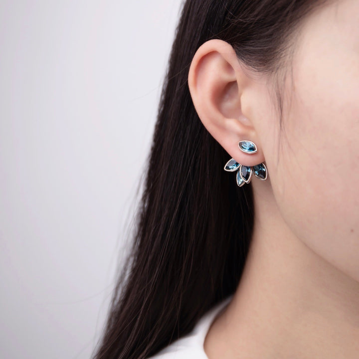 Crystal Leaf Cluster Stud Earrings – Gold Bloom Design in Blue & Silver