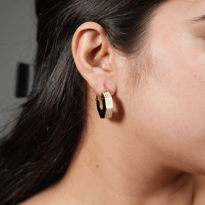 Black & Gold Octagon Hoop Earrings – Modern Geometric Statement