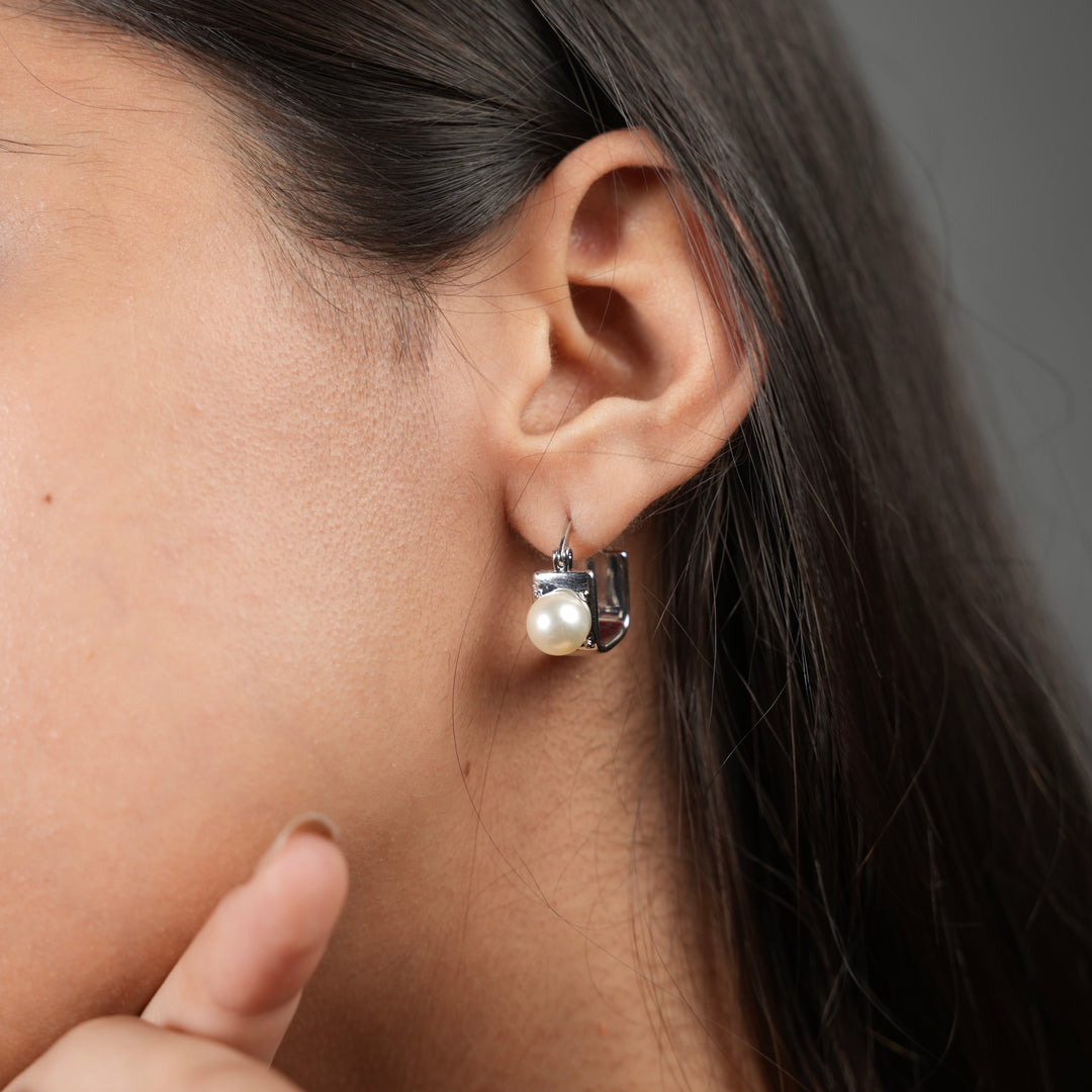 Modern Pearl Drop Square Hoop Earrings