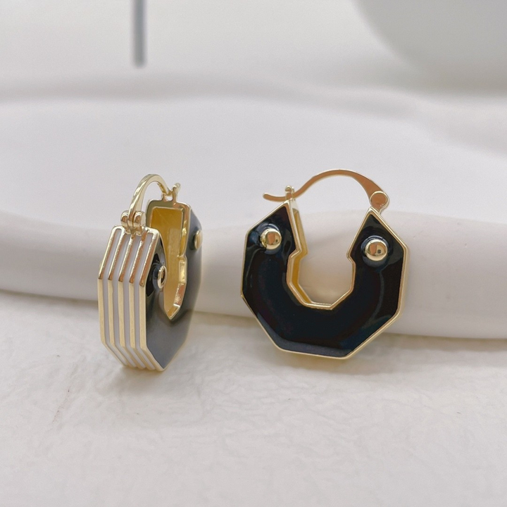 Black & Gold Octagon Hoop Earrings – Modern Geometric Statement